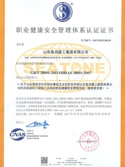 職業(yè)健康安全管理體系認證證書